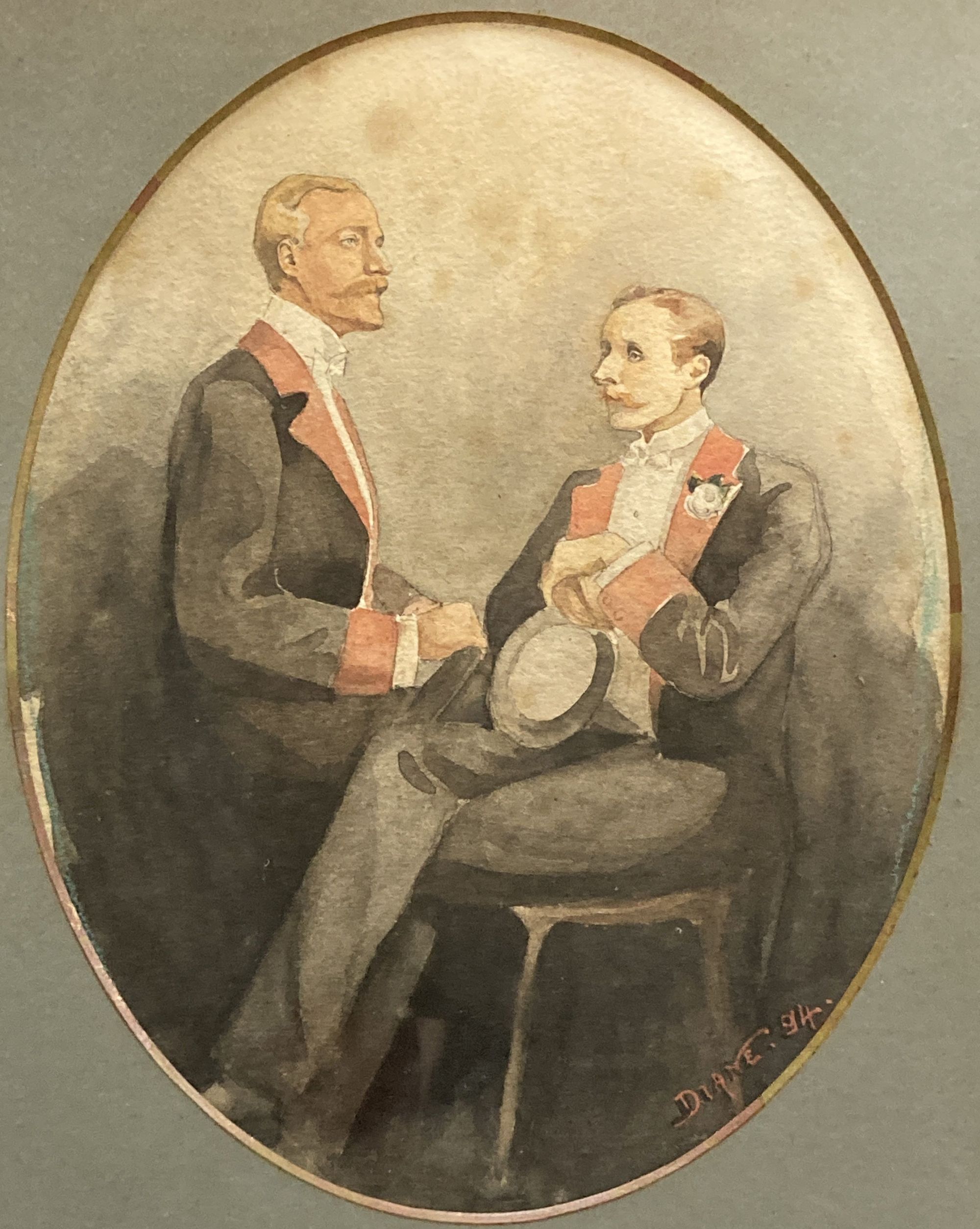 Diane 94, watercolour, Portrait of two gentleman, oval, signed and dated, 26 x 20cm